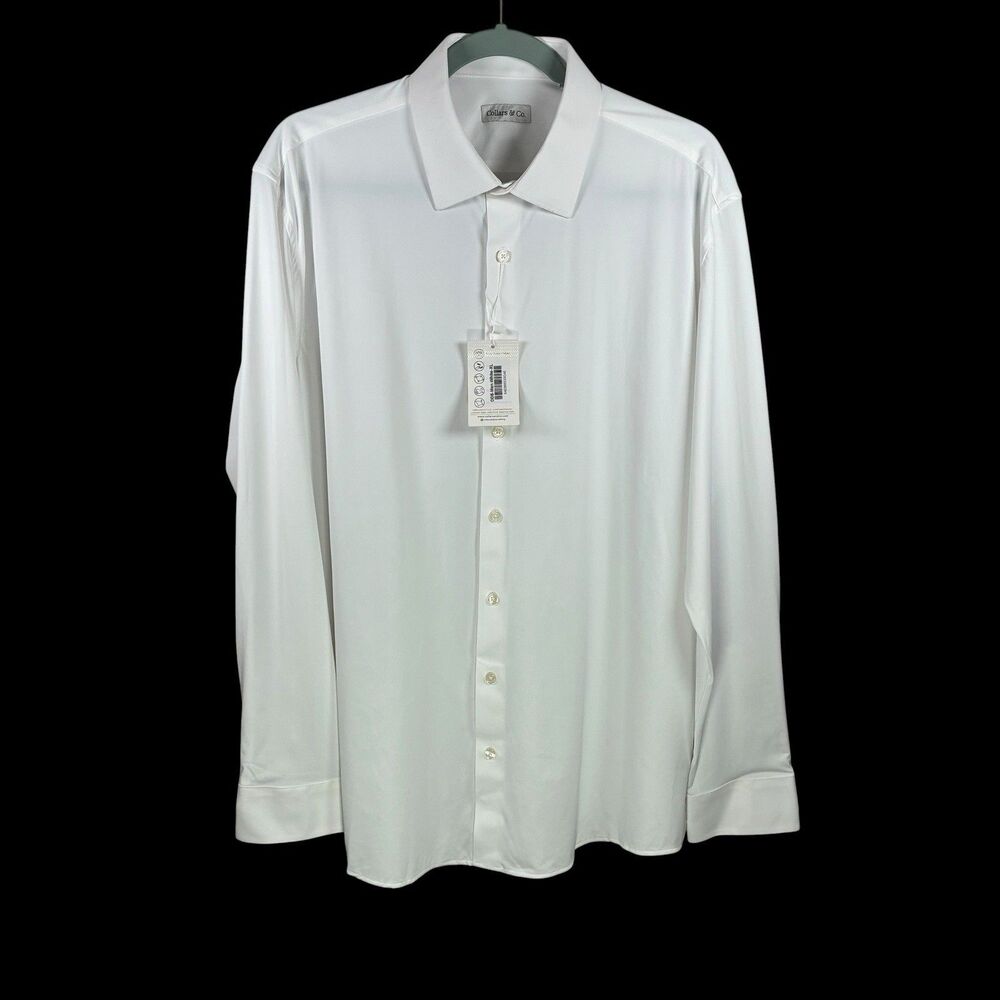 Collars & Co Dress Shirt XL White Button Up Office Stretch Apex Performance FLAW